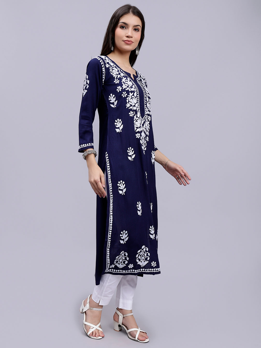 Navy Blue in White Chikankari Threadwork Rayon Kurti