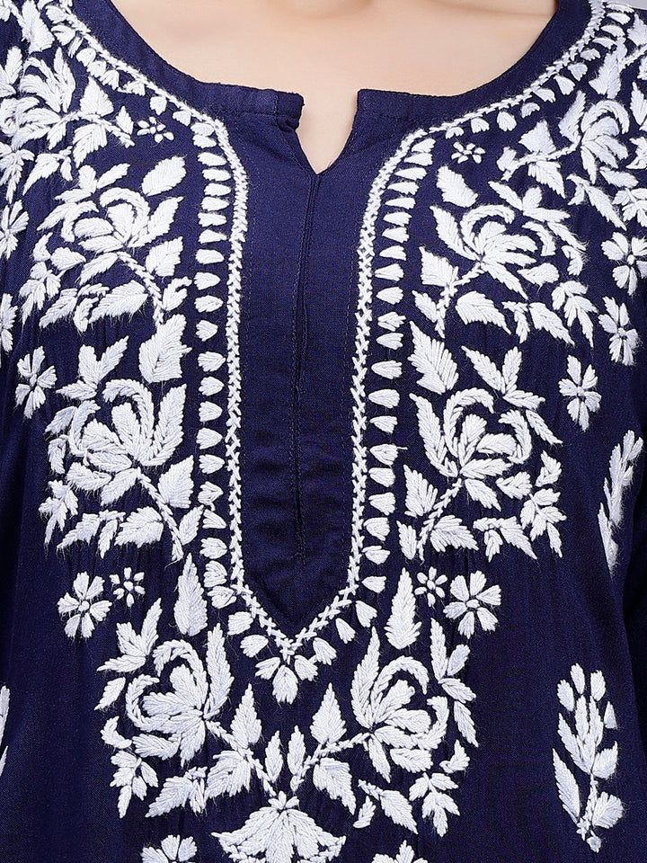 Navy Blue in White Chikankari Threadwork Rayon Kurti