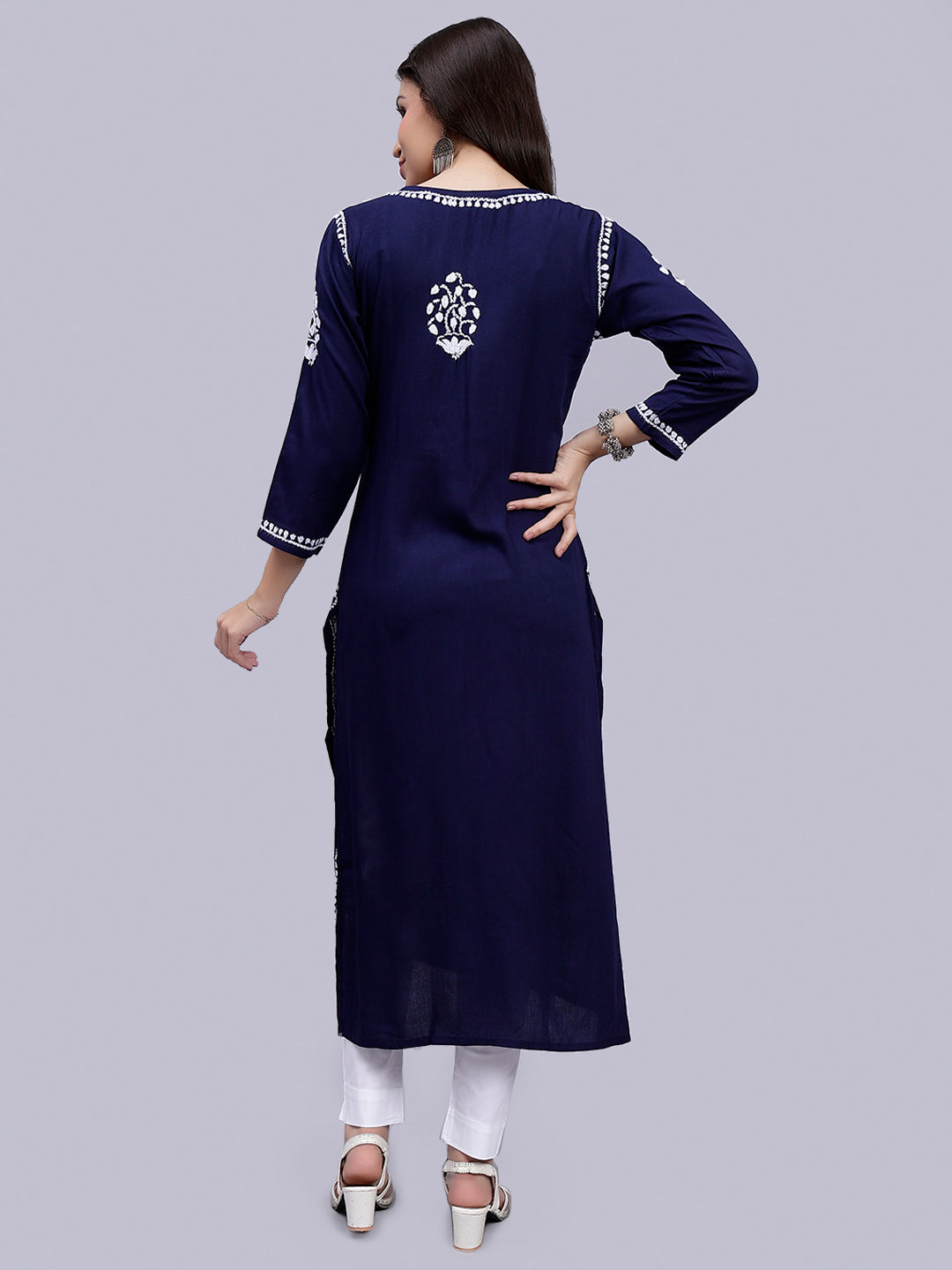 Navy Blue in White Chikankari Threadwork Rayon Kurti