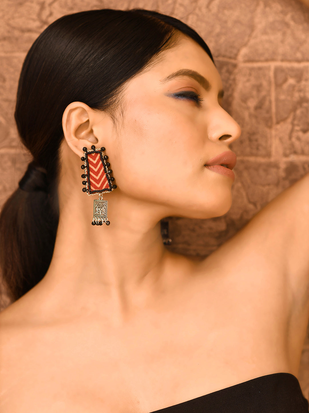 Nea-Zoi Red & Black Crystal Handmade Fabric Earrings