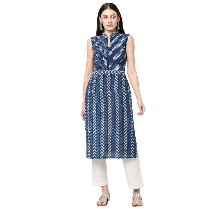 Neel Pankh Indigo Cotton Printed Mirror Work Kurta