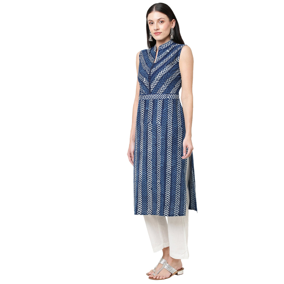 Neel Pankh Indigo Cotton Printed Mirror Work Kurta