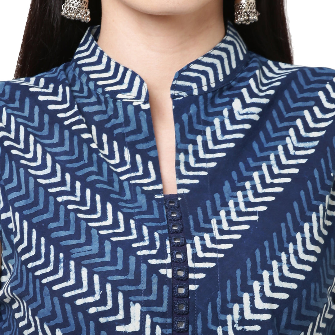 Neel Pankh Indigo Cotton Printed Mirror Work Kurta