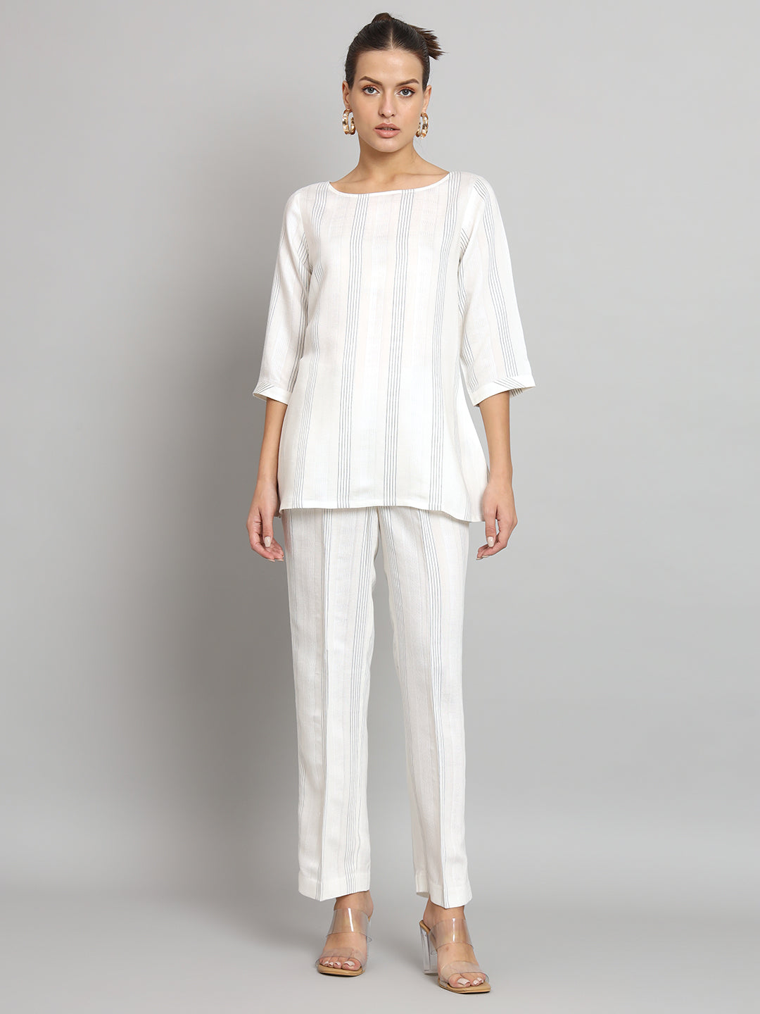 Off-White Striped Viscose Poly Co-Ord Set