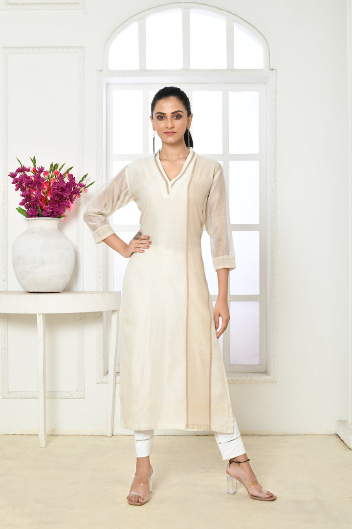 Off-White Chanderi Silk Golden Bordered Kurta