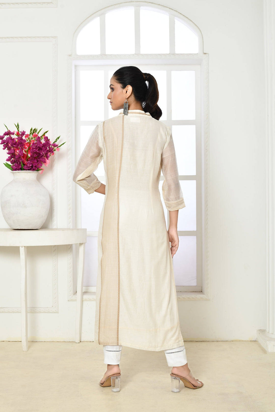 Off-White Chanderi Silk Golden Bordered Kurta