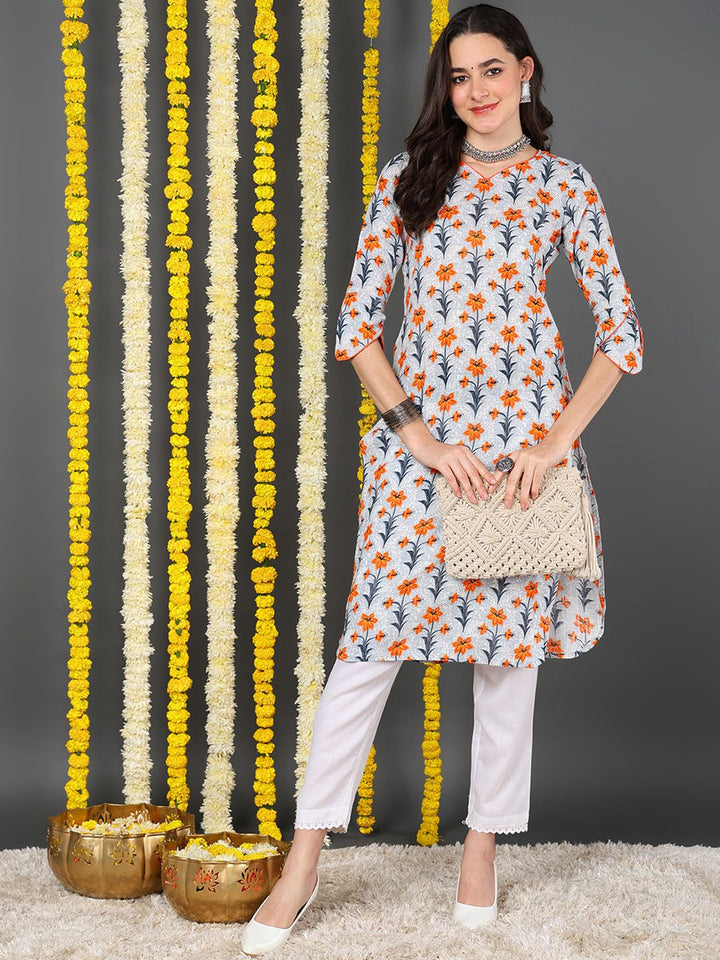 Off White Cotton Floral Printed Straight Kurta