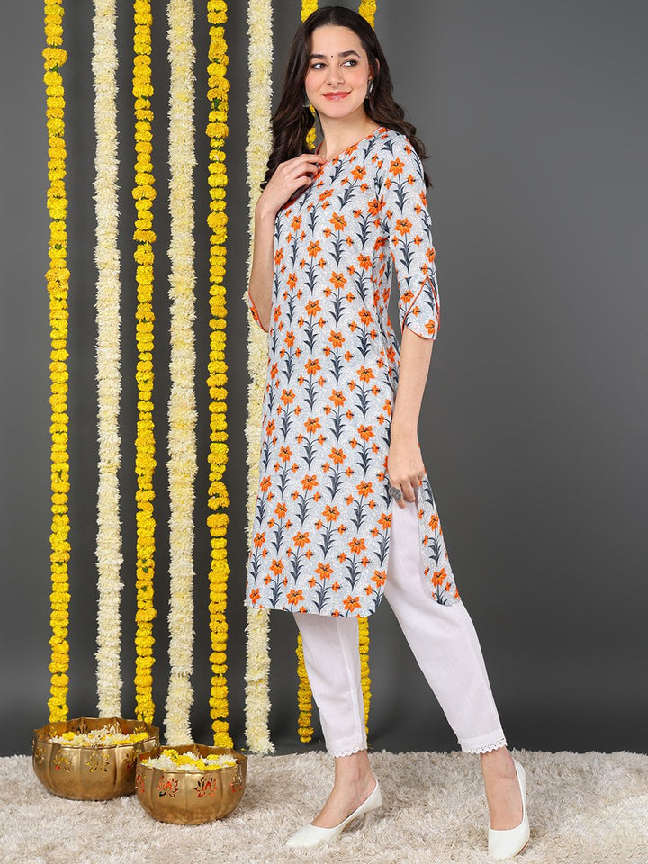 Off White Cotton Floral Printed Straight Kurta