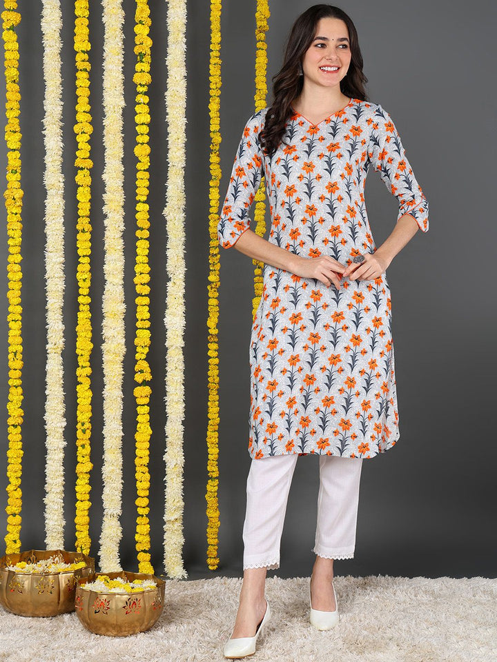 Off White Cotton Floral Printed Straight Kurta