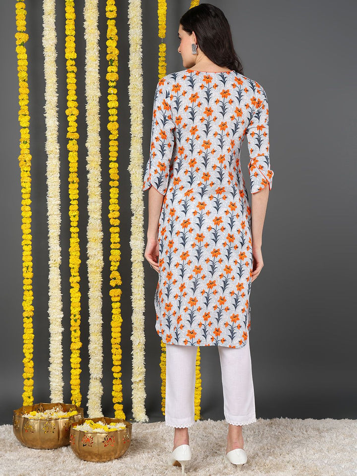 Off White Cotton Floral Printed Straight Kurta