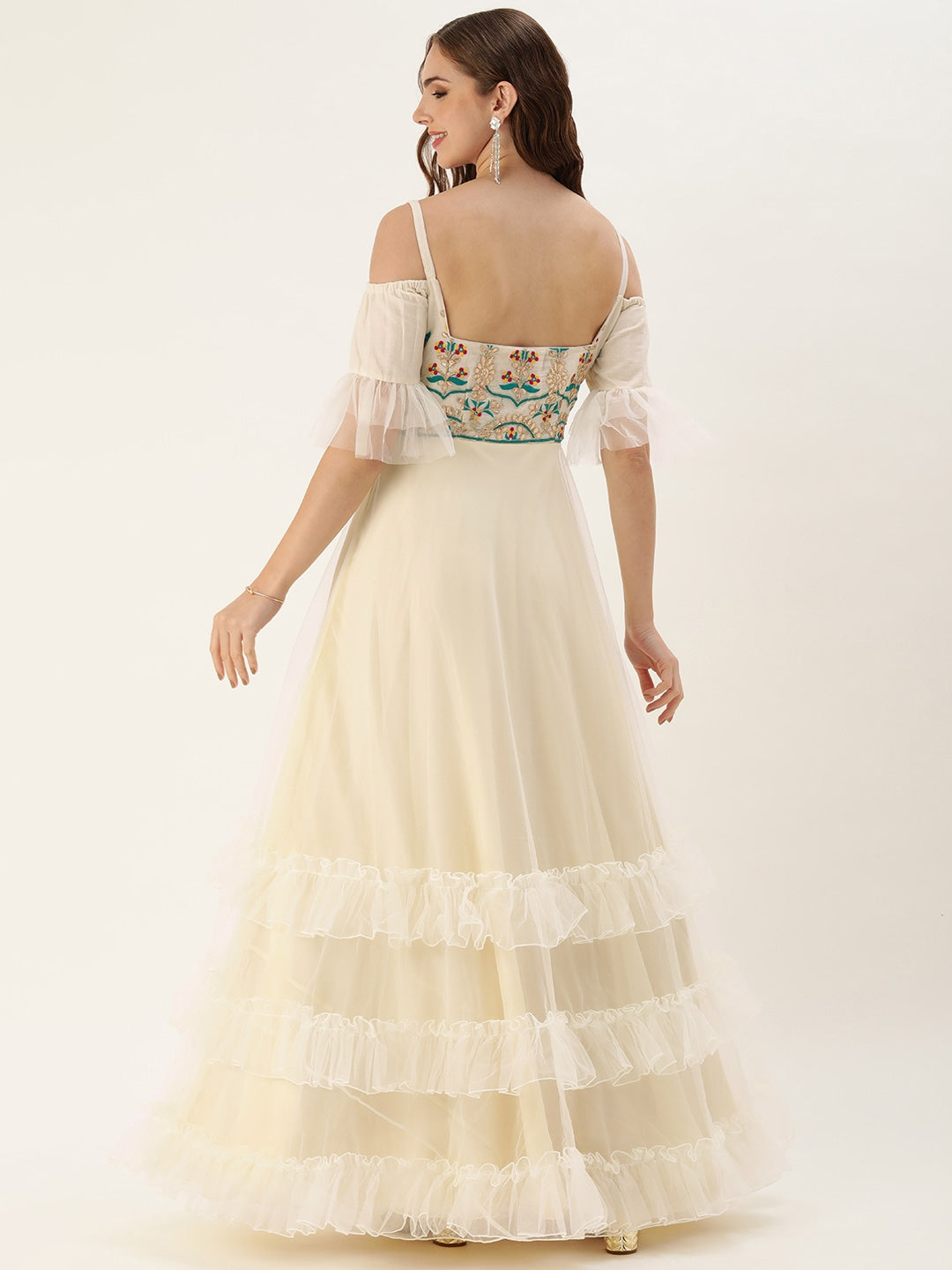 Off White Cotton & Net Strappy Cold-Shoulder Gown