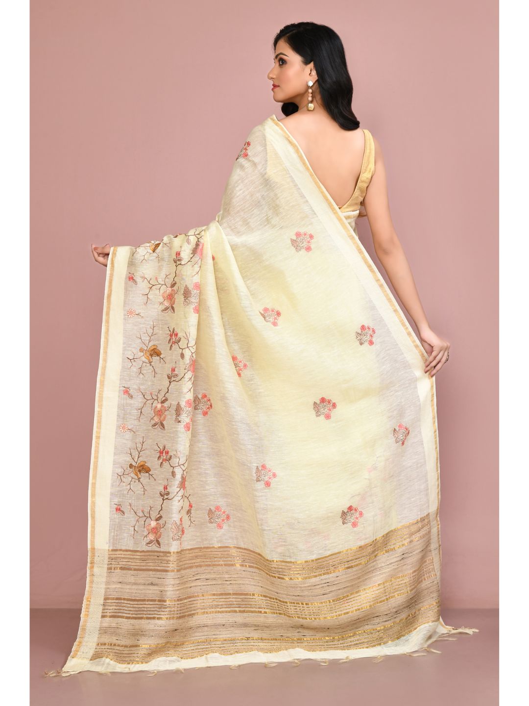 Off-White Linen Floral Print Mirror Border Saree