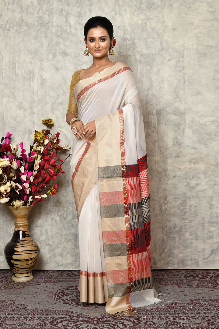 Off-White Maheshwari Saree With Threadwork