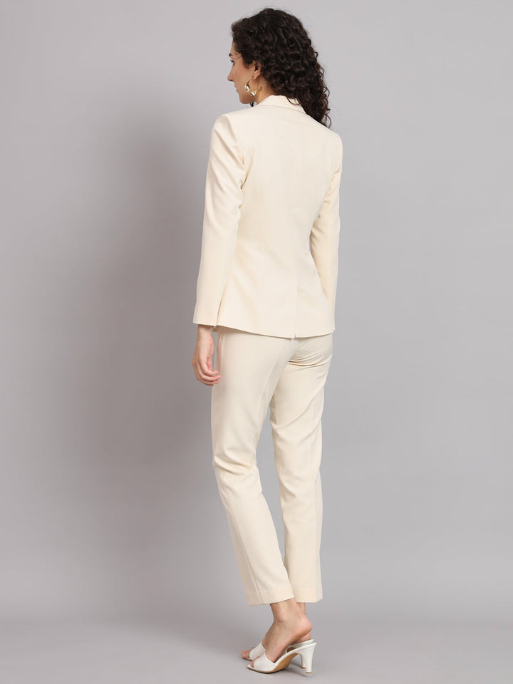 Off-White Polyester Notch Collar Stretch Pant Suit