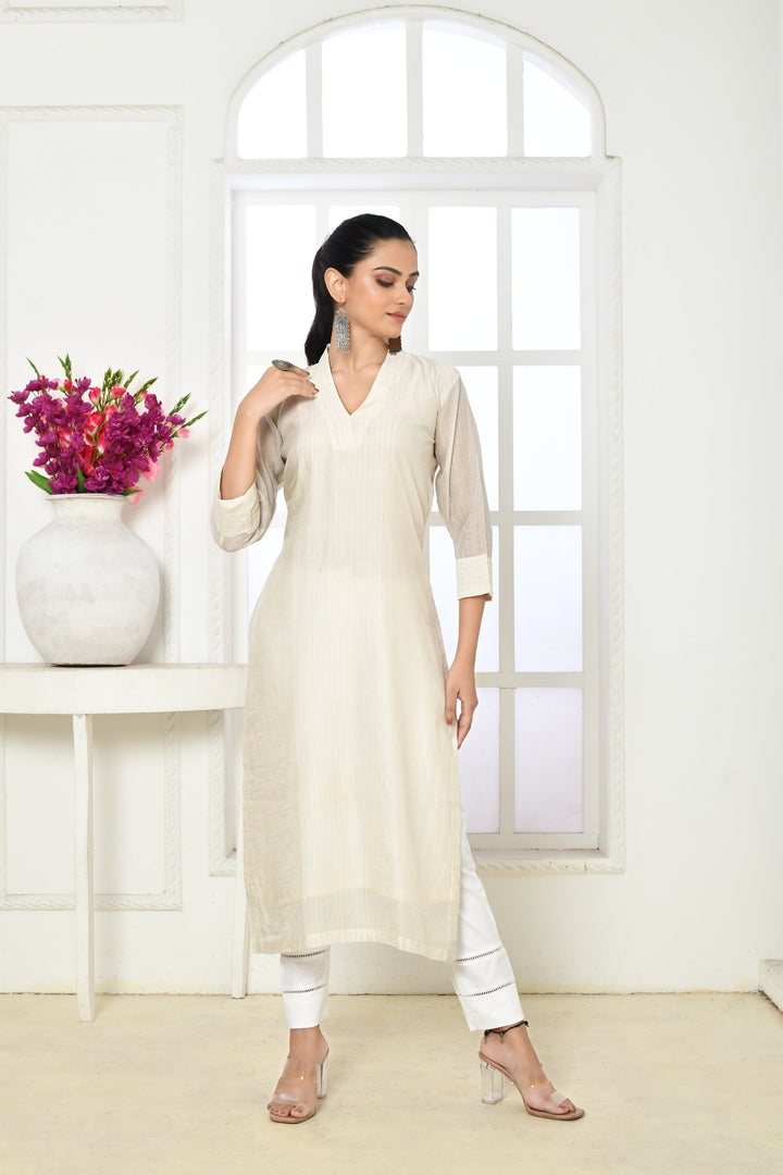 Off-White Pure Chanderi Silk Straight Kurta