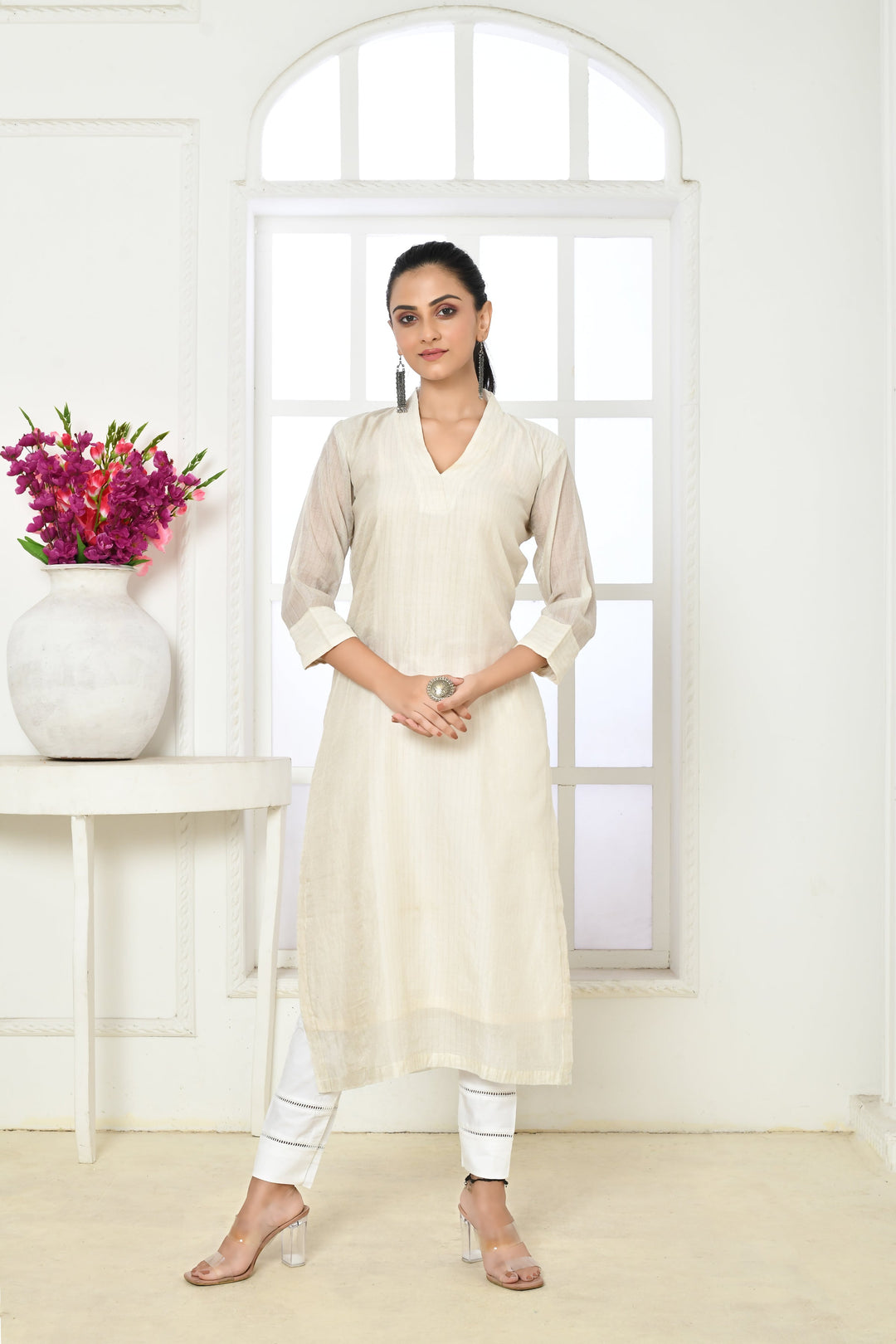 Off-White Pure Chanderi Silk Straight Kurta