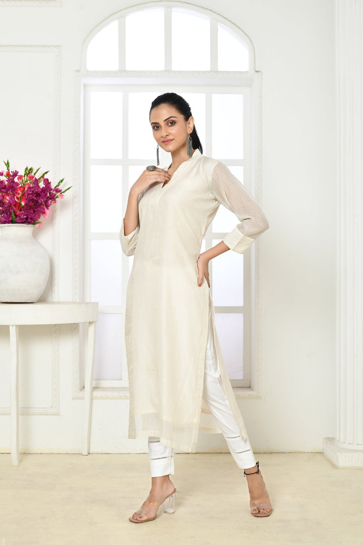 Off-White Pure Chanderi Silk Straight Kurta