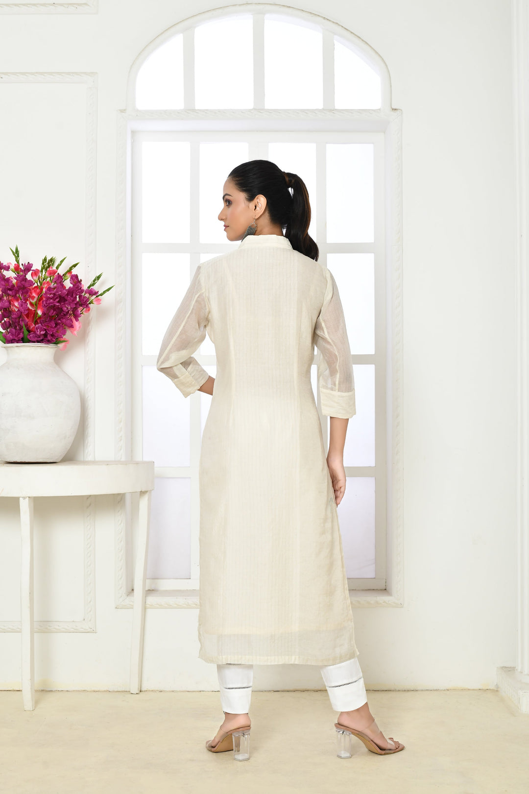 Off-White Pure Chanderi Silk Straight Kurta