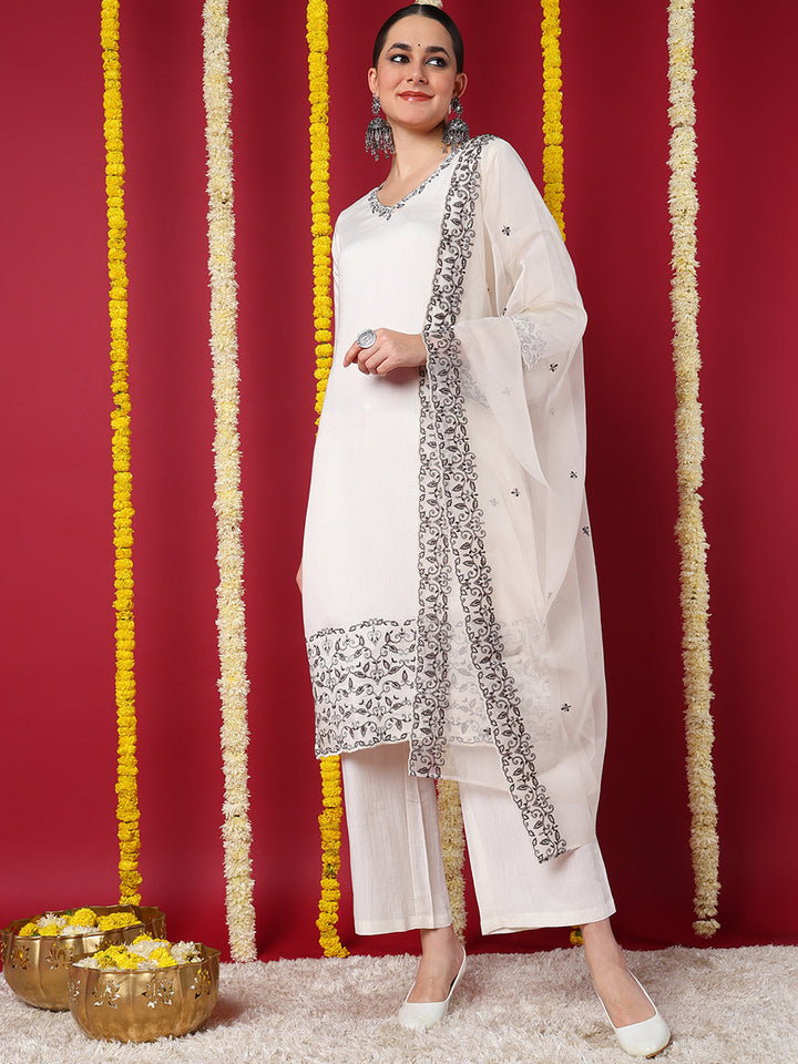 Off-White Silk Blend Straight 3-Piece Kurta Set