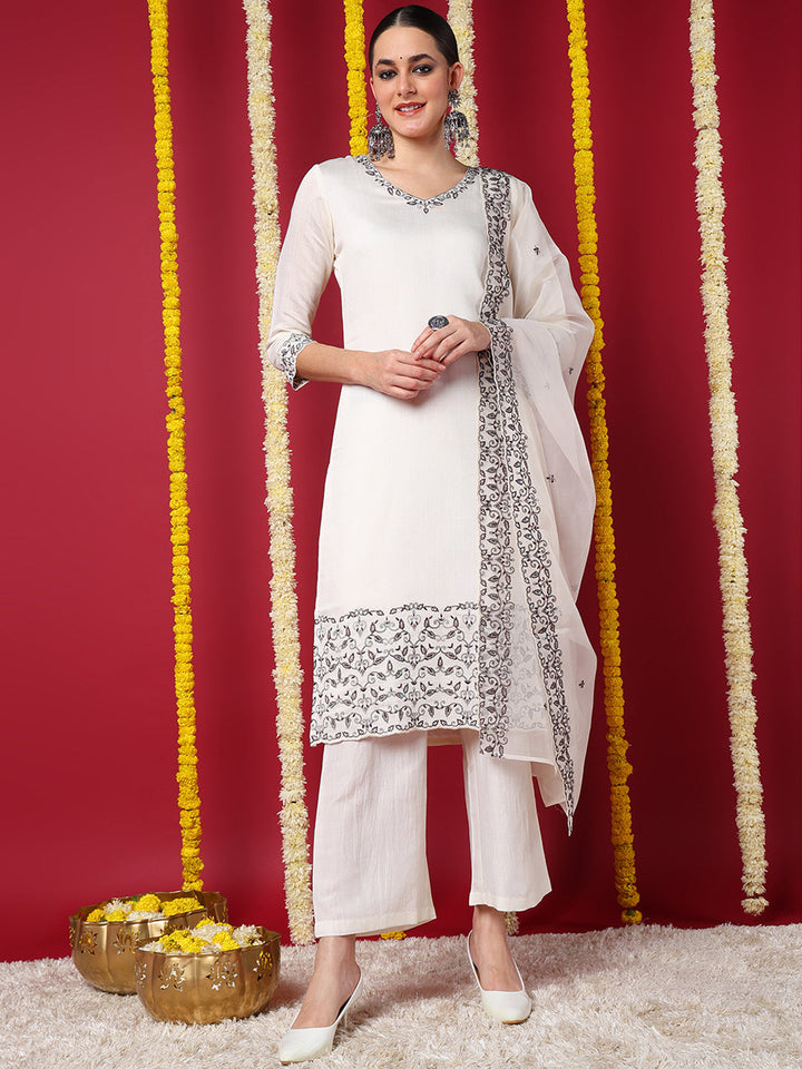 Off-White Silk Blend Straight 3-Piece Kurta Set