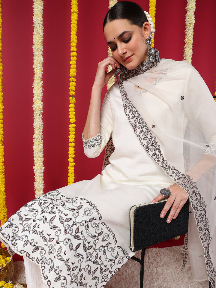 Off-White Silk Blend Straight 3-Piece Kurta Set