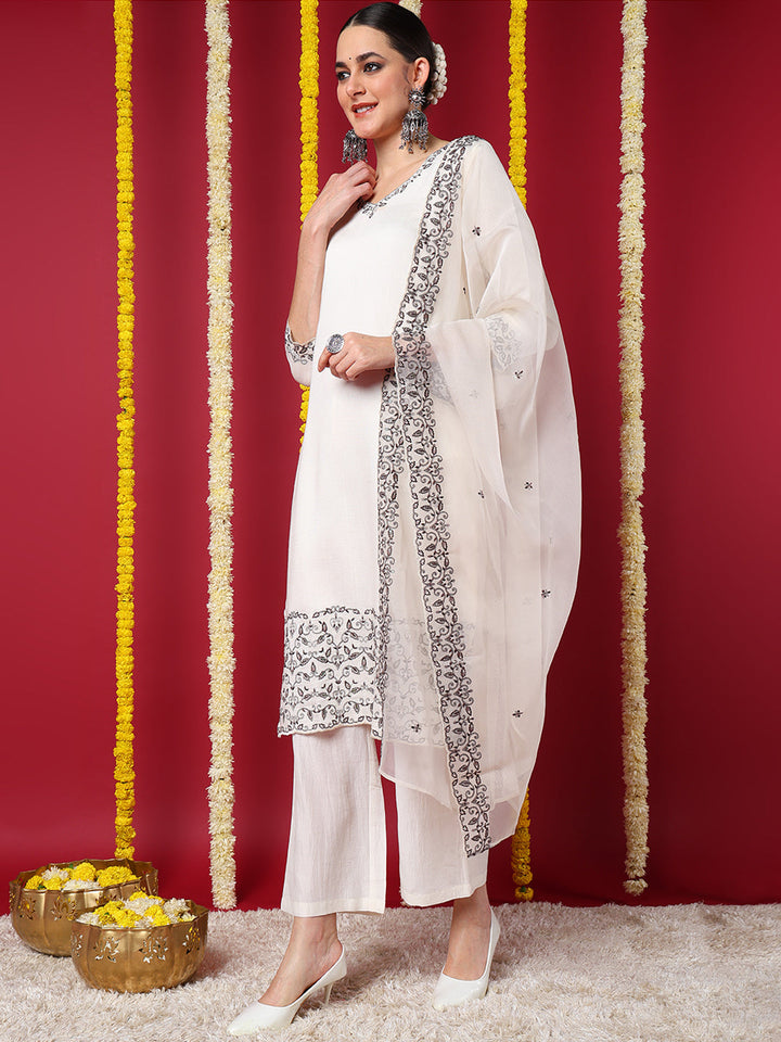 Off-White Silk Blend Straight 3-Piece Kurta Set