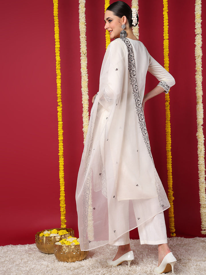 Off-White Silk Blend Straight 3-Piece Kurta Set