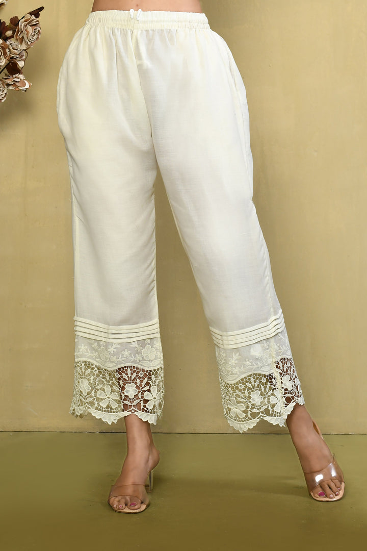 Off-White Straight Pant With Jaali Cutwork