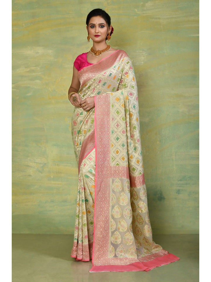 Off-White & Pink Georgette Banarasi Saree