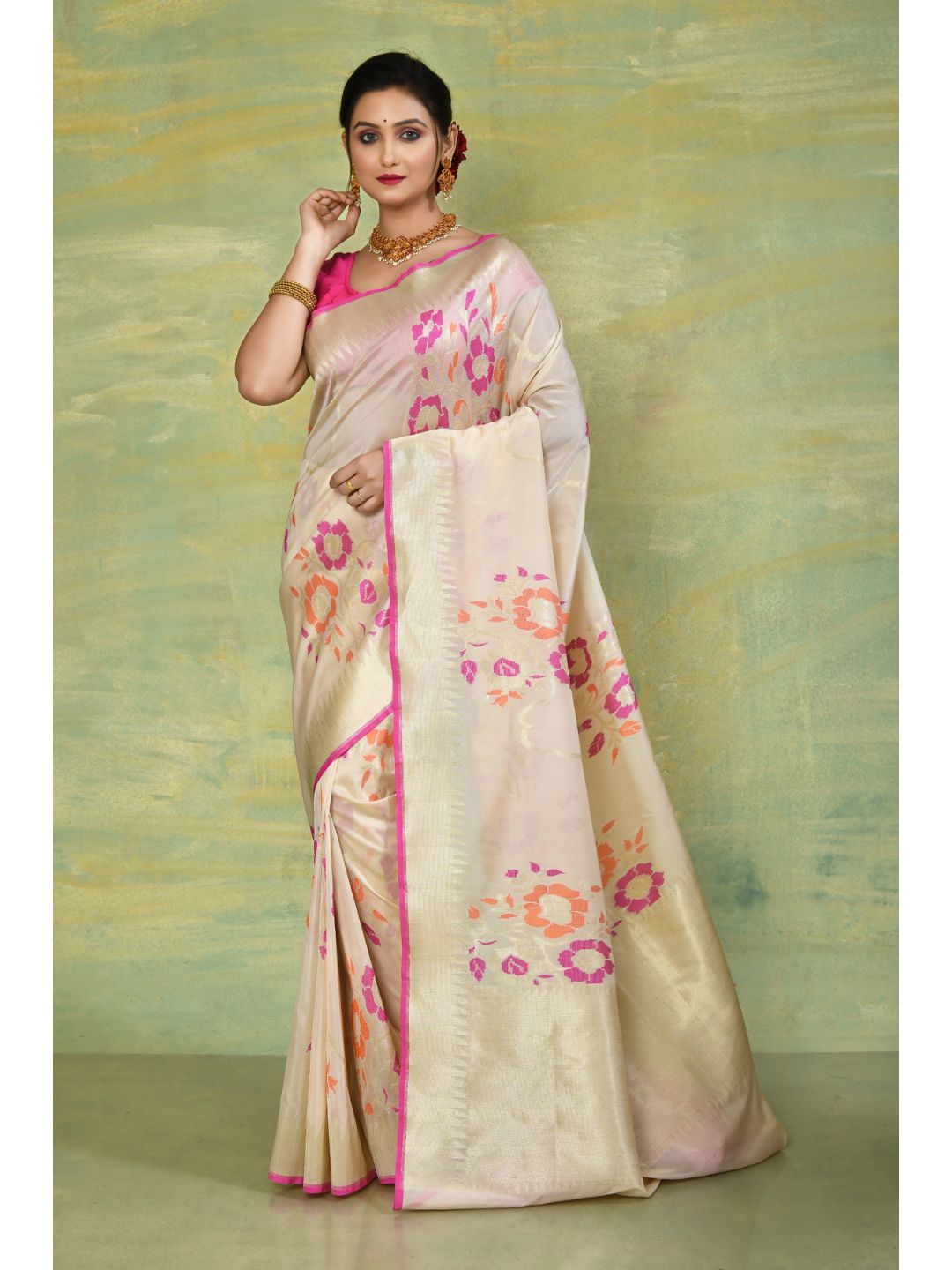Off-White & Pink Gold Soft Silk Banarasi Saree