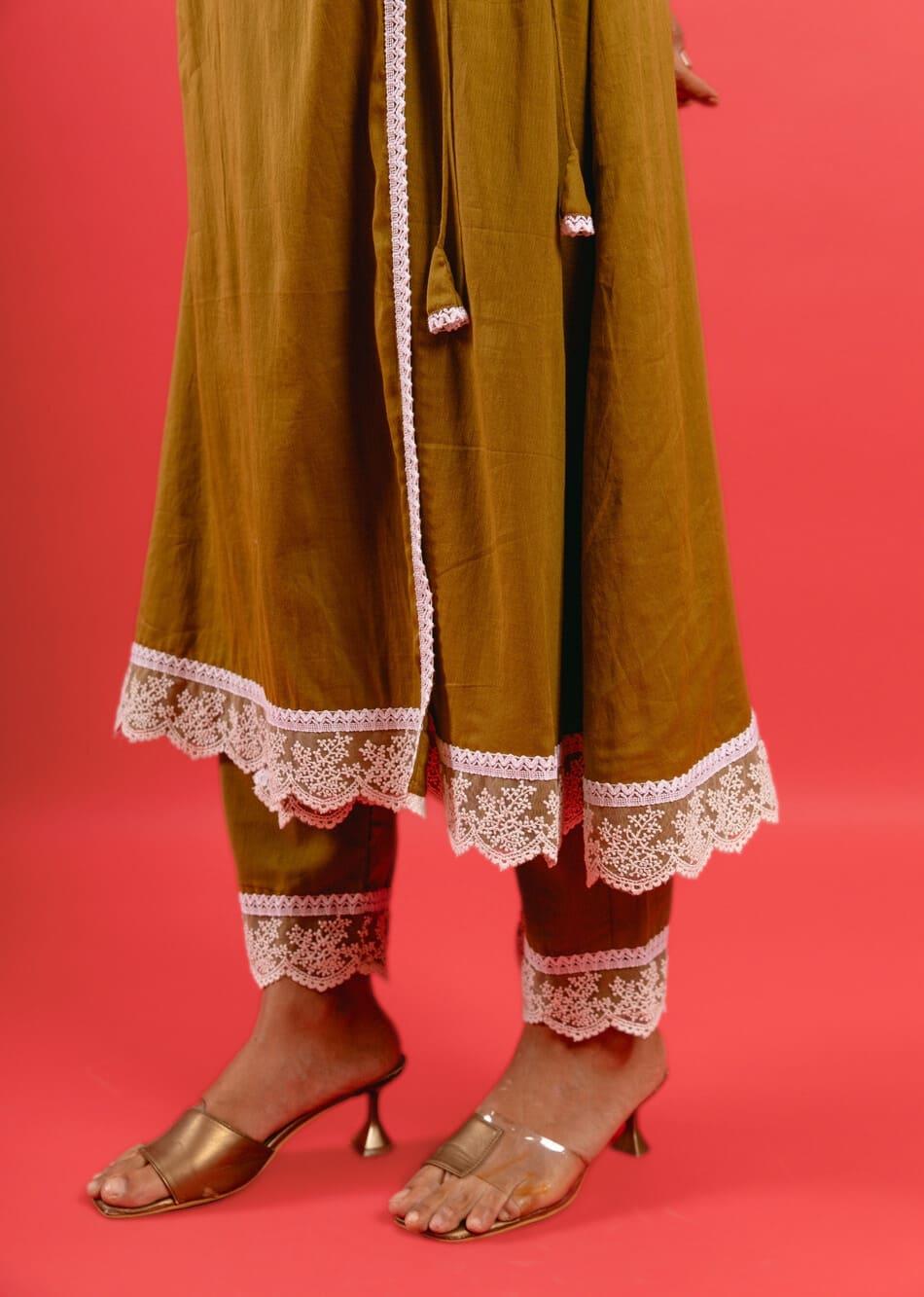 Olive Angrakha Laced Kurta in Tassels with Pants