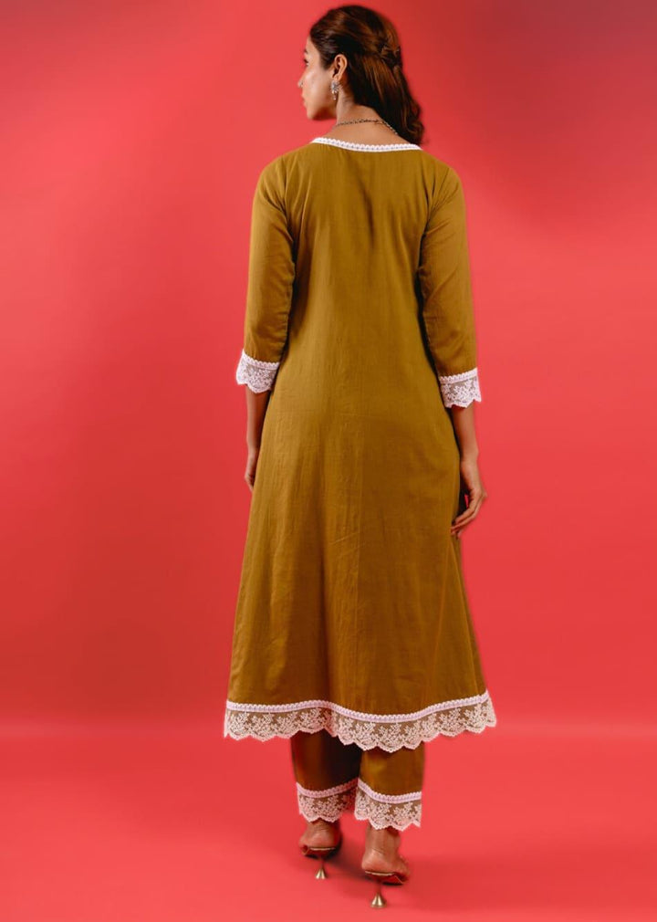 Olive Angrakha Laced Kurta in Tassels with Pants