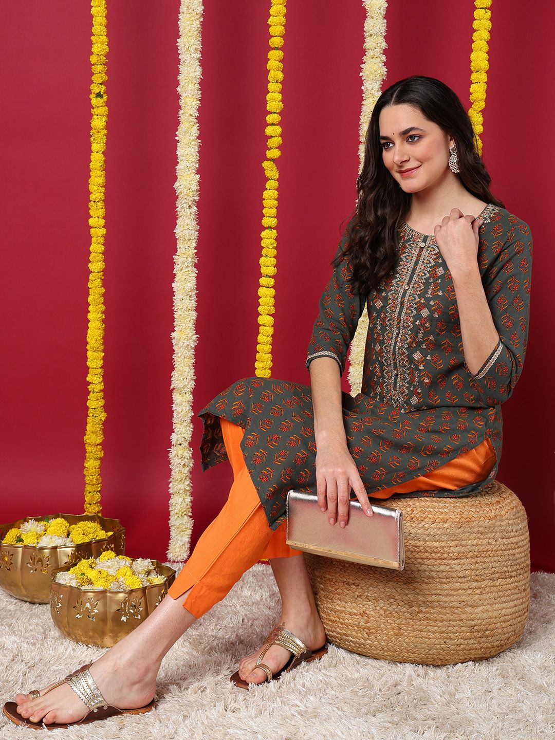 Olive Cotton Blend Floral Embroidered Straight Kurta