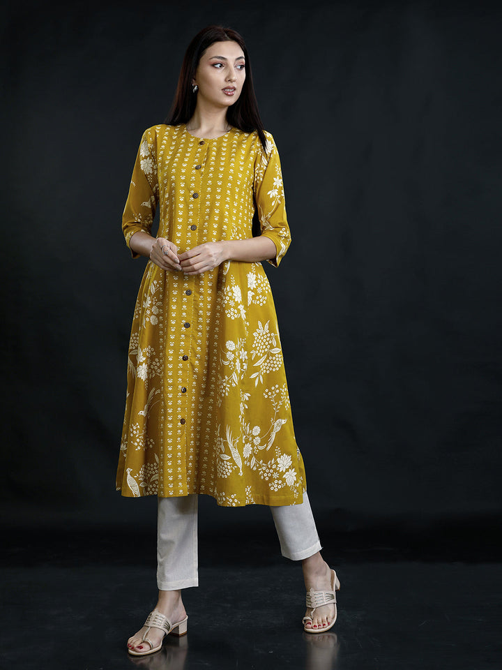 Olive Cotton Discharge Print Kurta & Pant Set