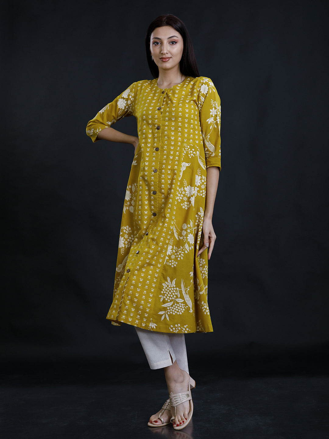 Olive Cotton Discharge Print Kurta & Pant Set