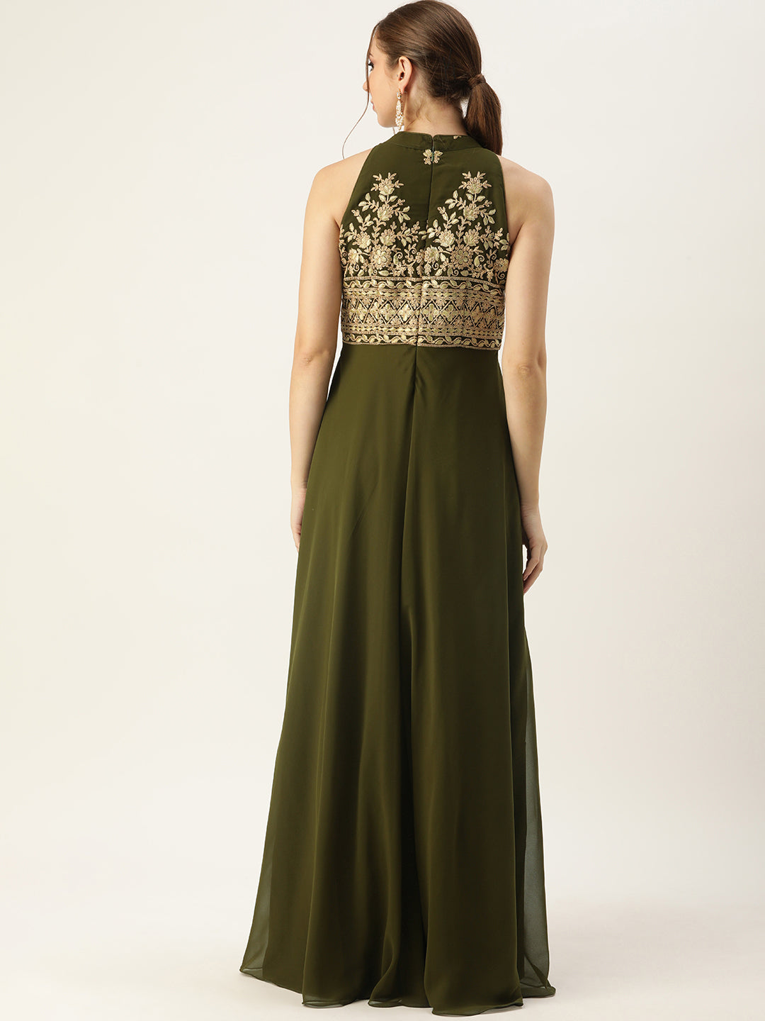 Olive Embroidered Halter Neck Straight Gown