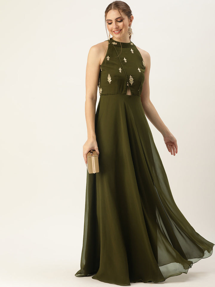 Olive Embroidered Halter Neck Straight Gown