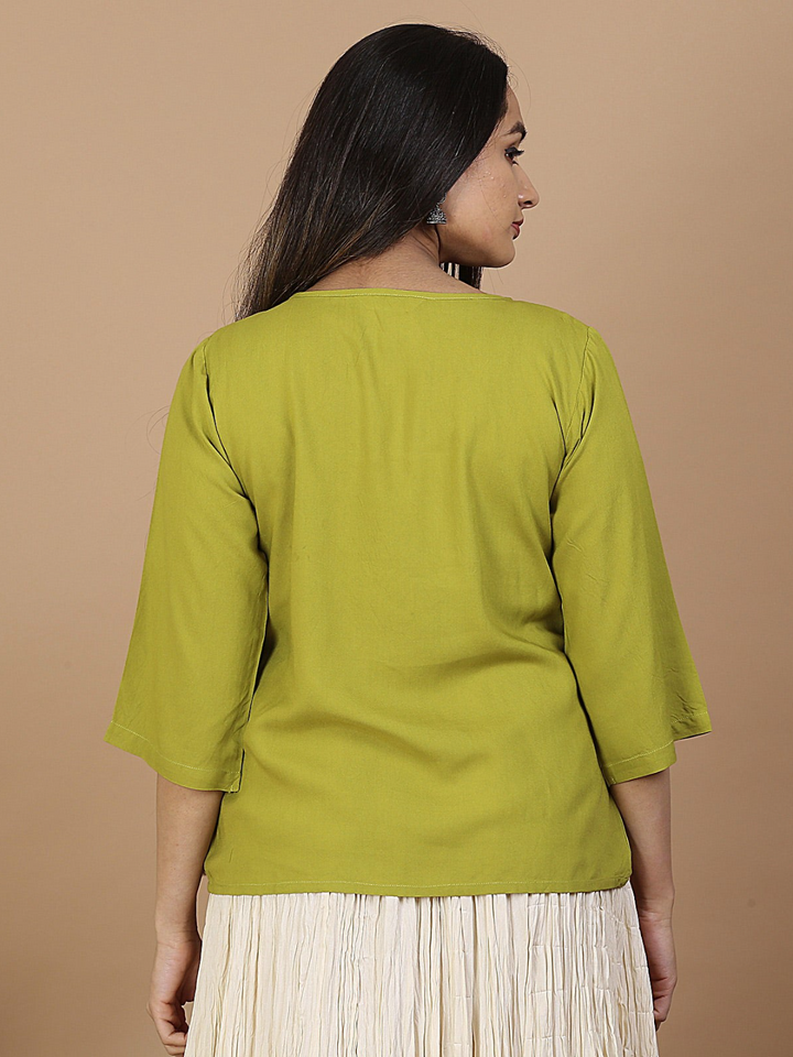 Olive Floral Embroidery Panelled Top