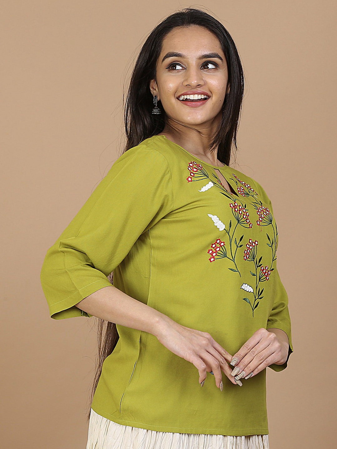 Olive Floral Embroidery Panelled Top