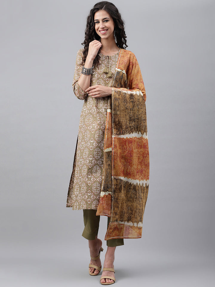 ZERESOUQ-Olive-Green-Cotton-Ethnic-Motif-Casual-Kurta-Set