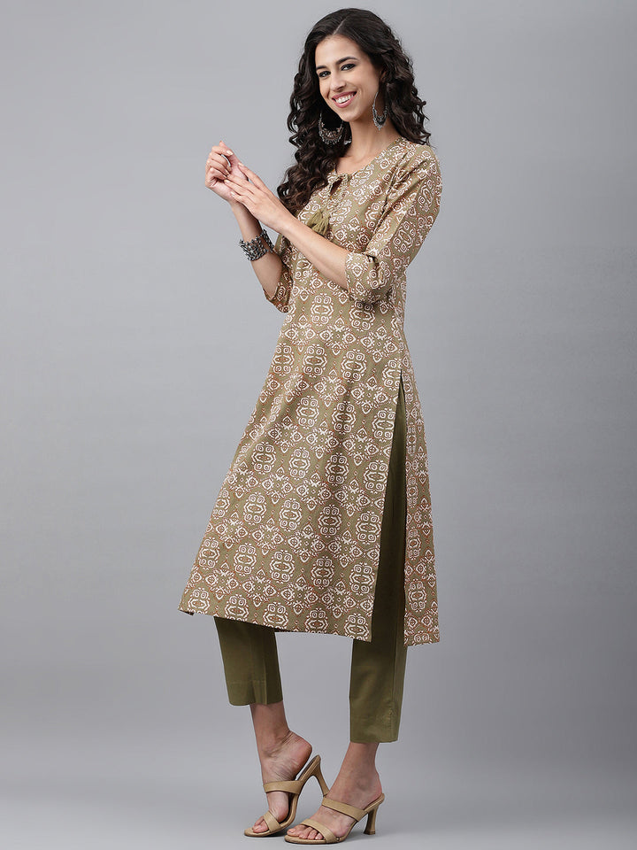 Olive Green Cotton Ethnic Motif Casual Kurta Set