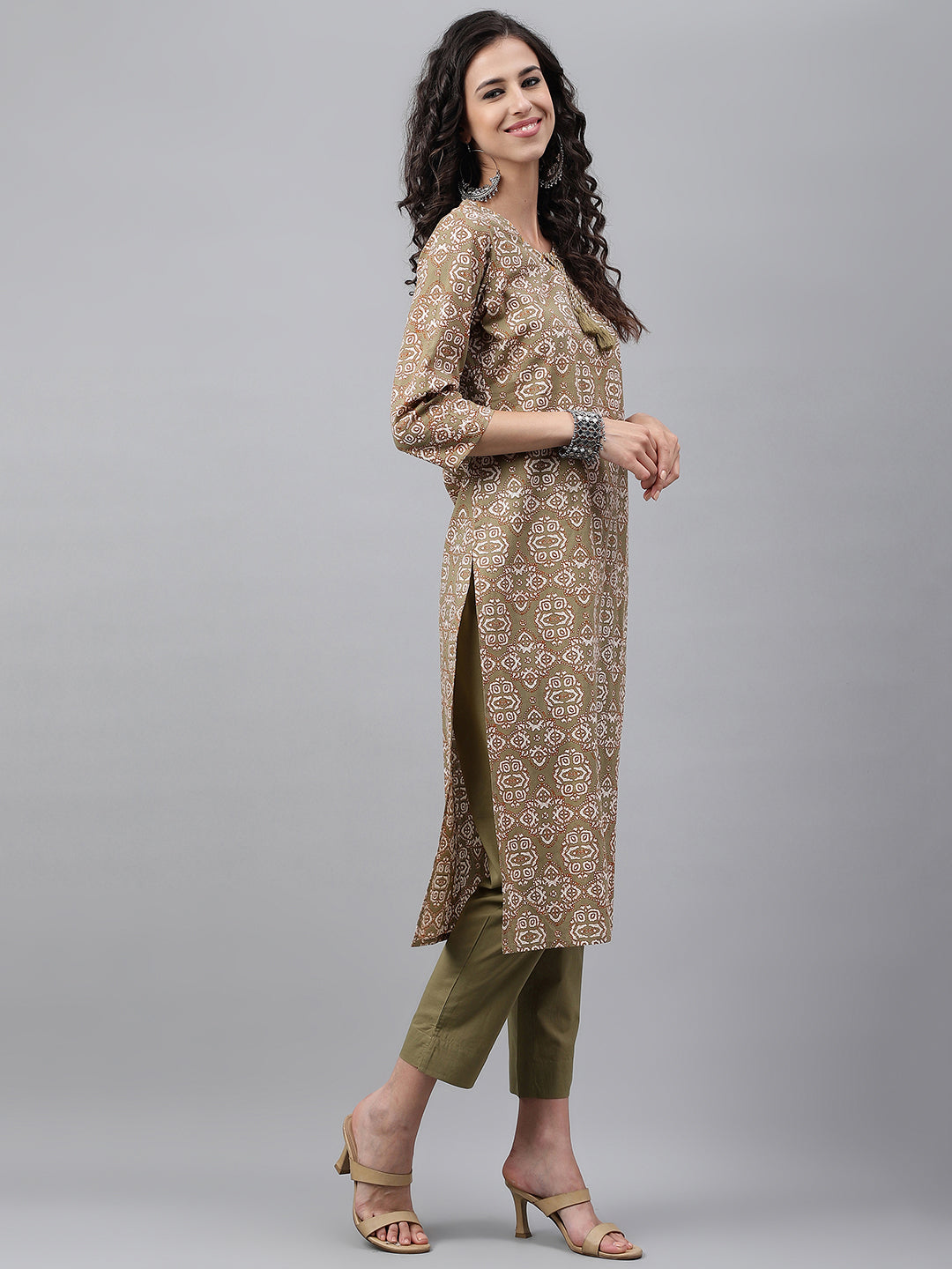 Olive Green Cotton Ethnic Motif Casual Kurta Set