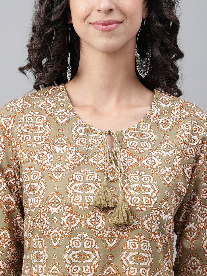 ZERESOUQ-Olive-Green-Cotton-Ethnic-Motif-Casual-Kurta-Set