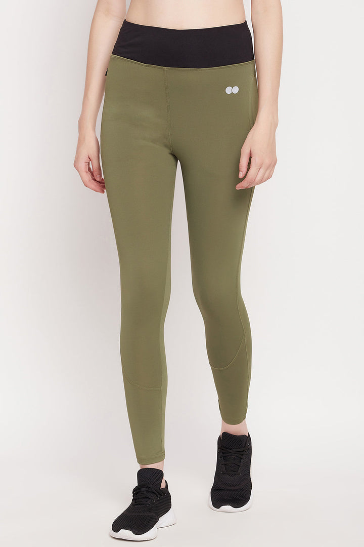Olive Green High-Rise Active Tights with Side Pockets