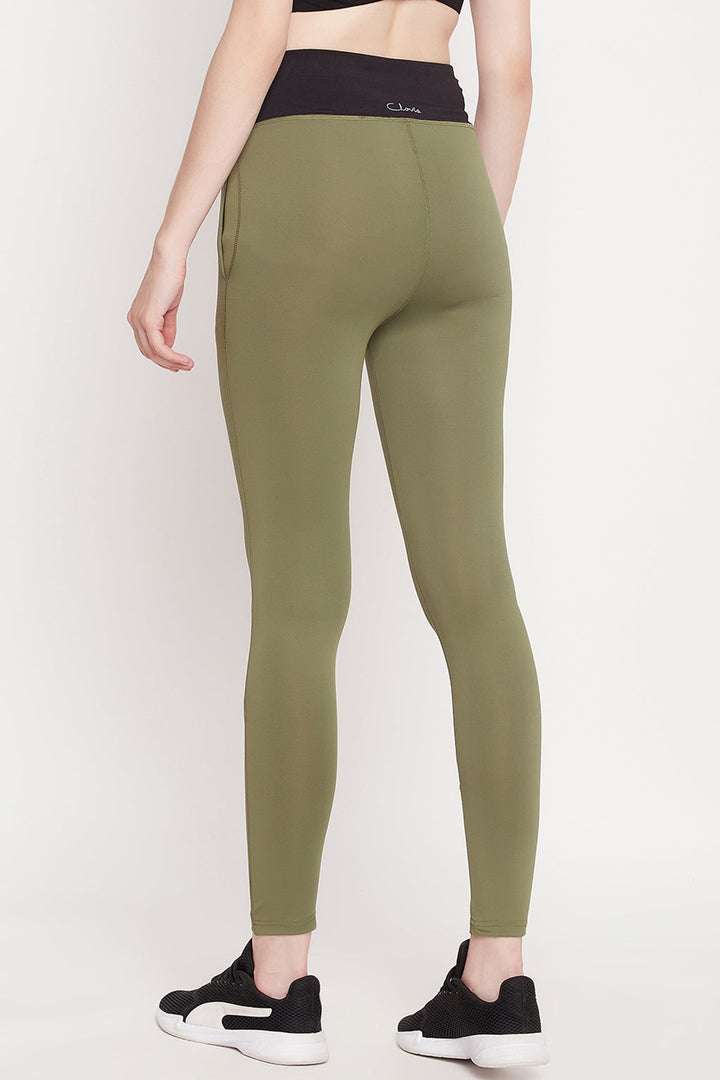 Olive Green High-Rise Active Tights with Side Pockets