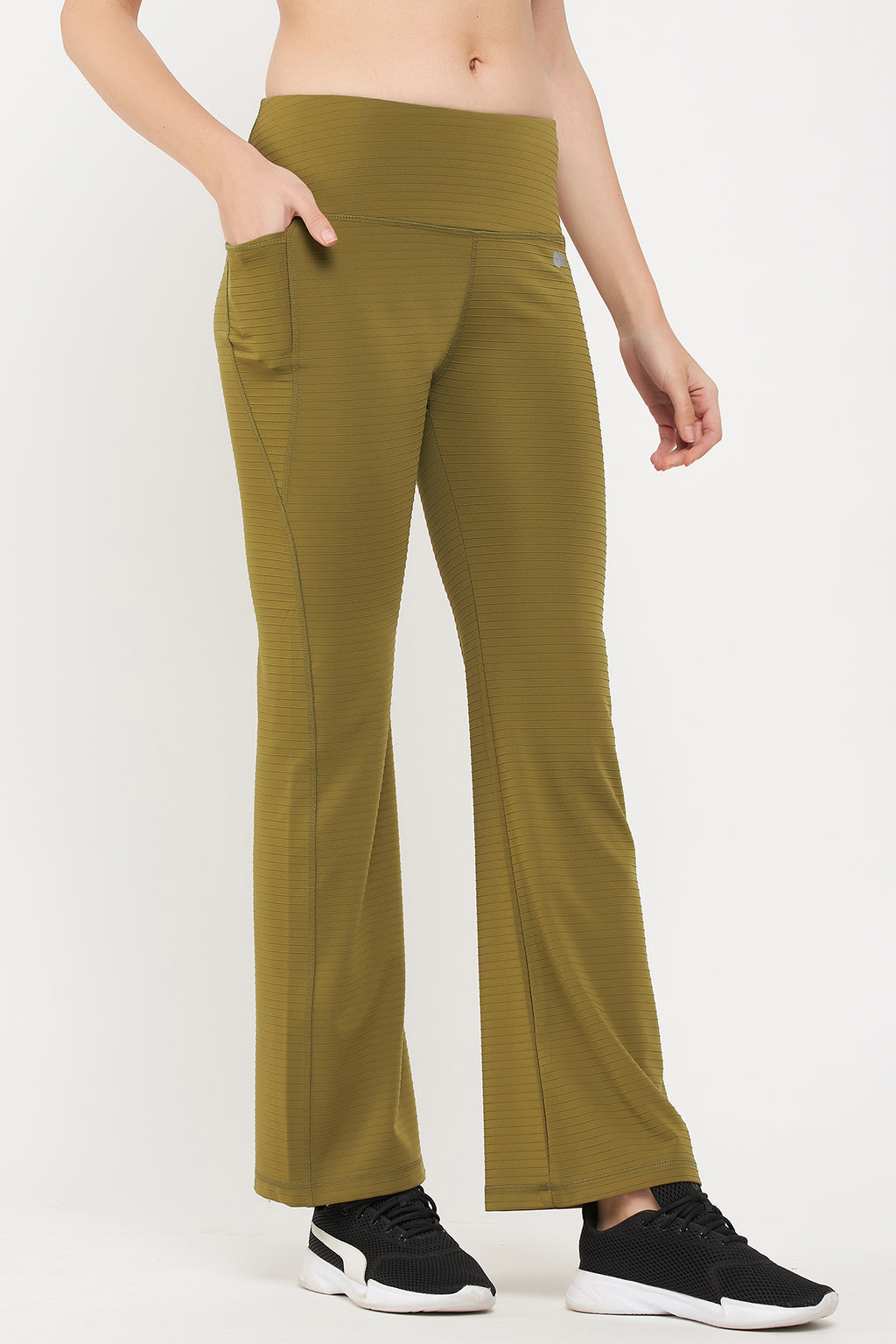 Olive Green High-Waist Flared Yoga Pants with Side Pockets