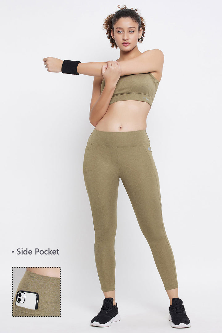 Olive Green Melange High-Rise Tights with Side Pocket