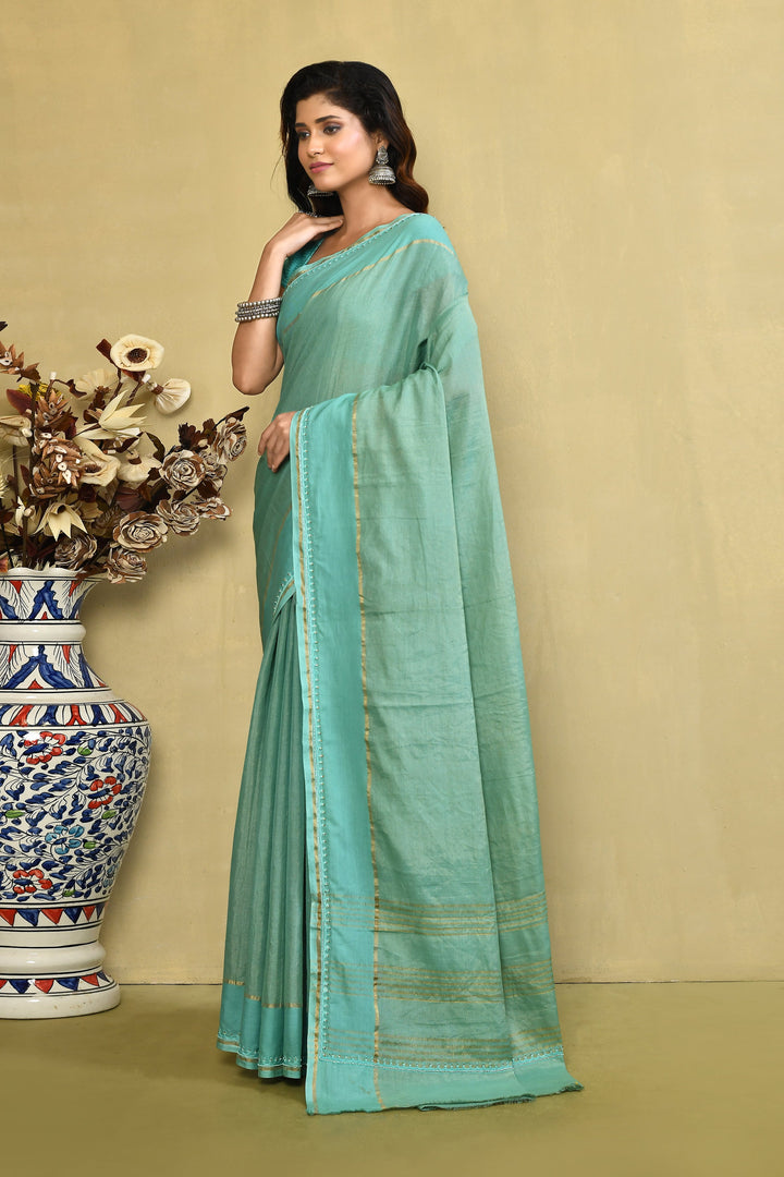 Olive Green Solid Pure Linen Embroidered Banarasi Saree