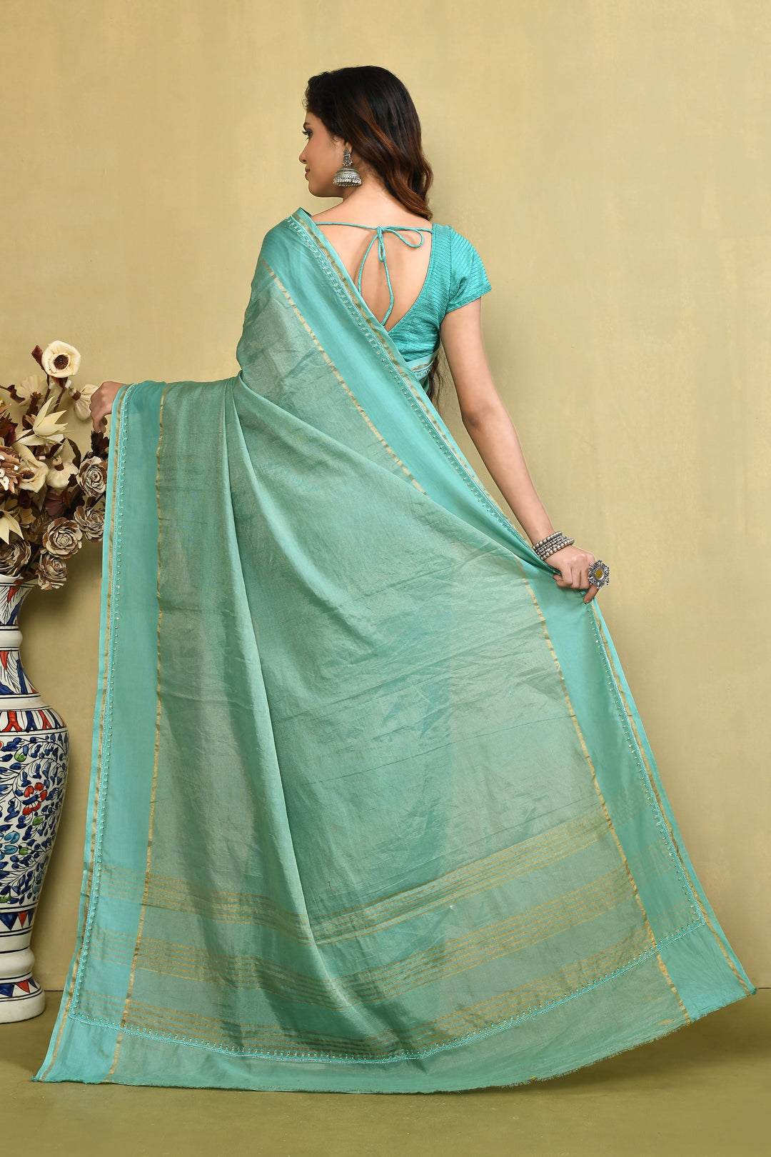 Olive Green Solid Pure Linen Embroidered Banarasi Saree