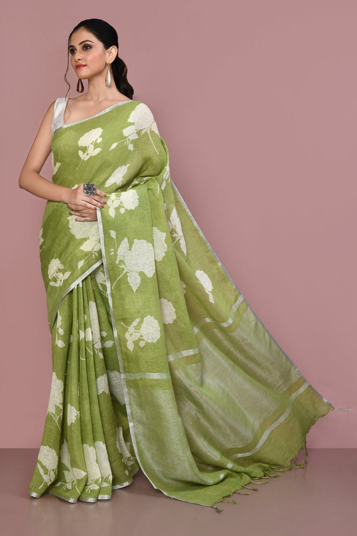 Olive Green Rose Printed Linen Cotton Saree